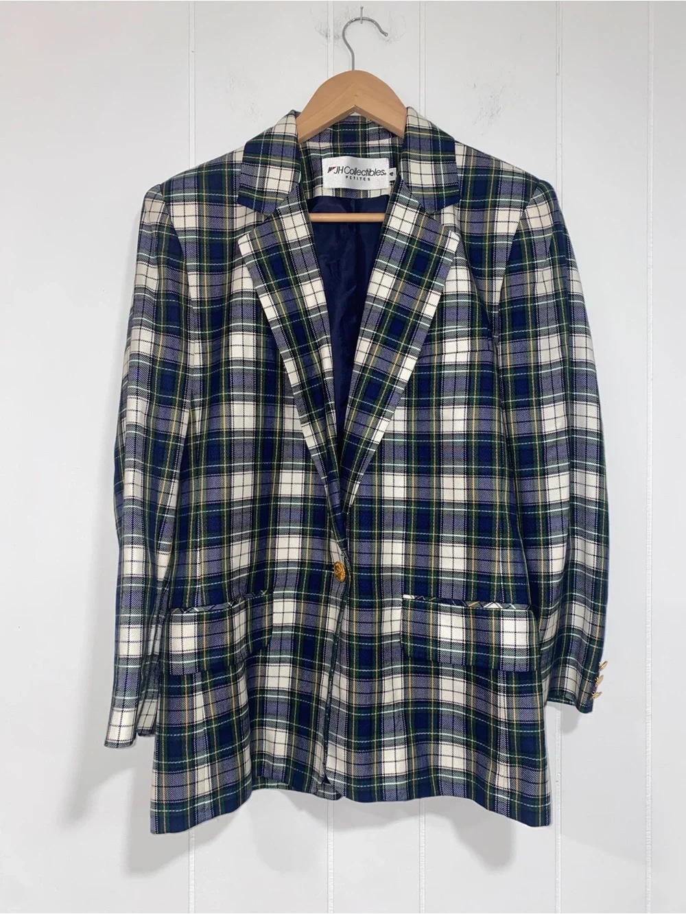 JH Collectibles Plaid Blazer Women Petite 4 Blue Green Tartan Preppy‎ Vintage